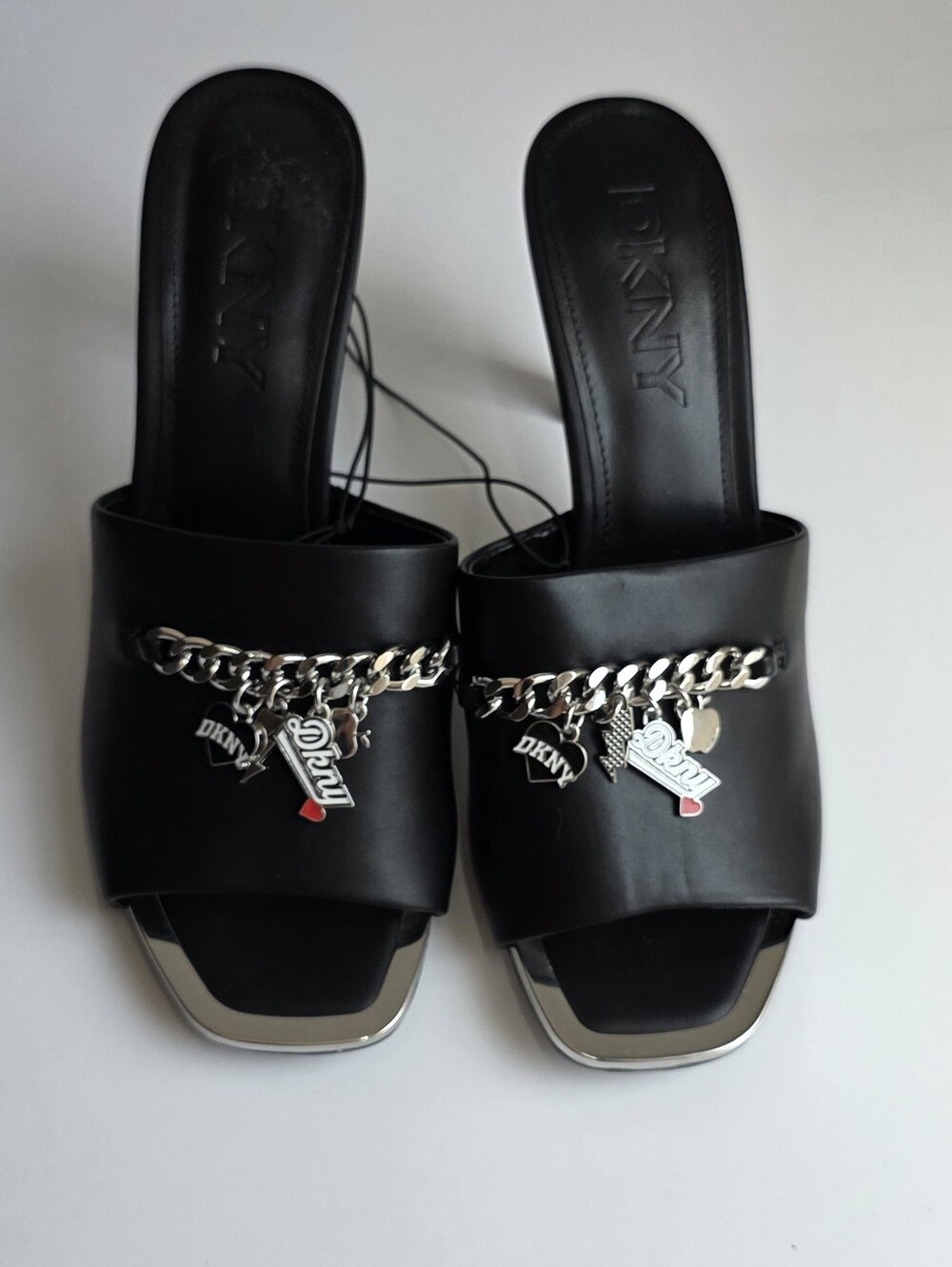 DKNY Black Slide Heels with Silver Chain Charm Accents 8.5